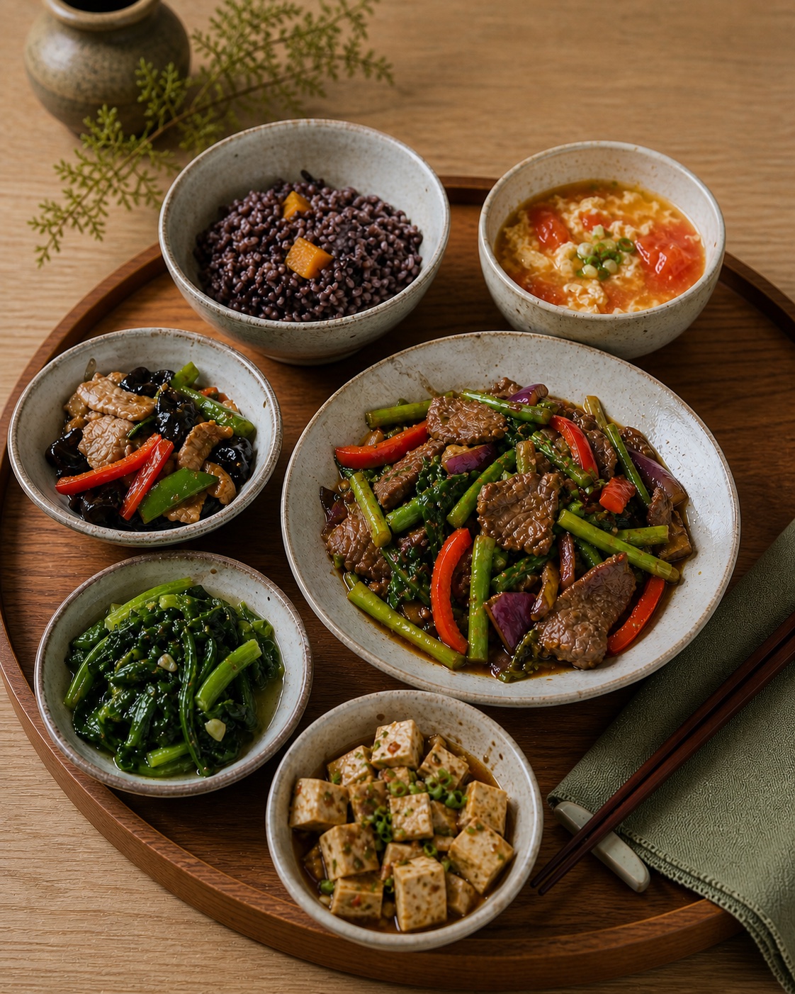 搭配杂粮饭、蔬菜、豆制品和优质蛋白的中式营养套餐