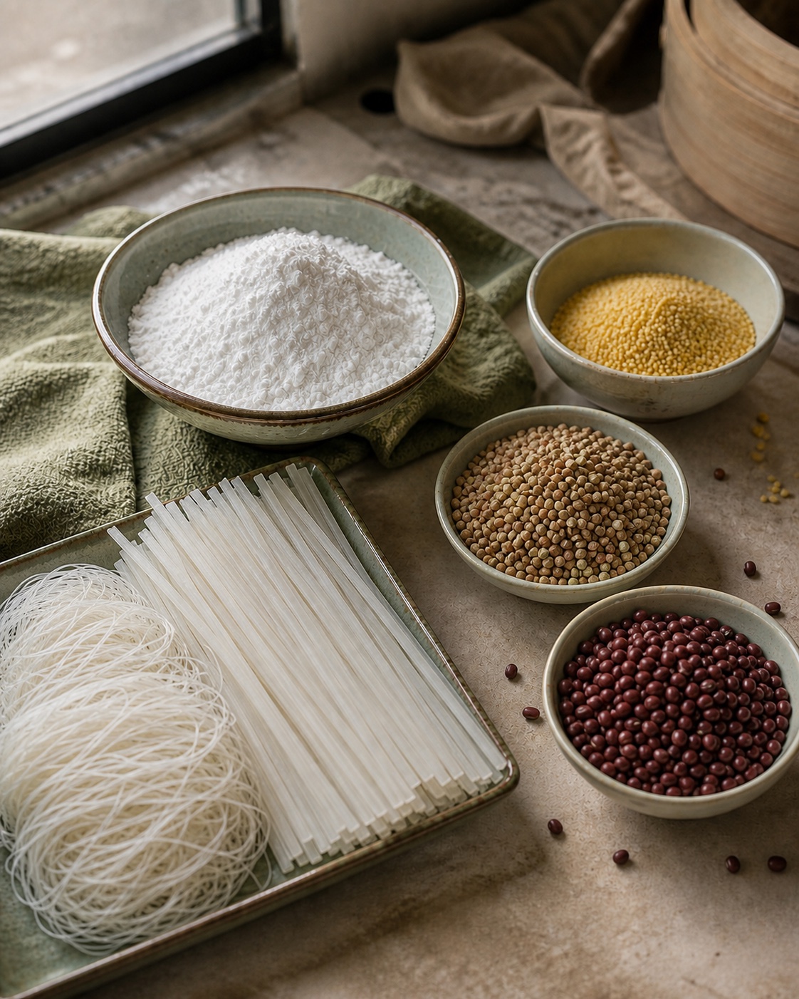 米粉、小米、荞麦米、红小豆、江西米粉和龙口绿豆粉丝