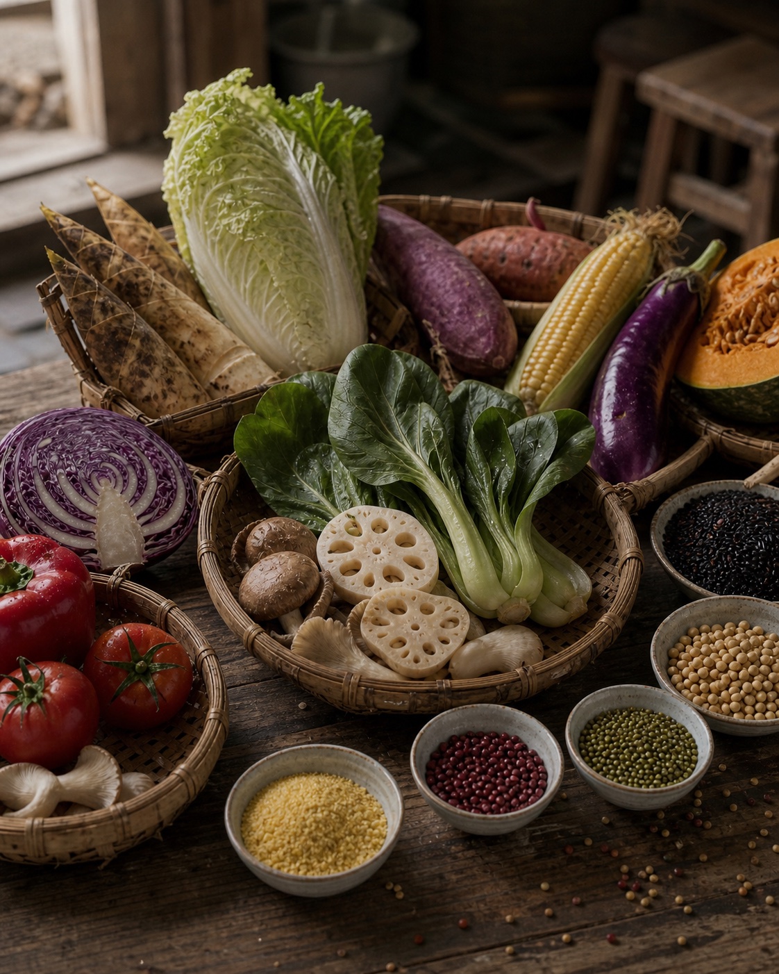 竹篮中的中国常见时令蔬菜、薯类、菌菇、谷物和豆类